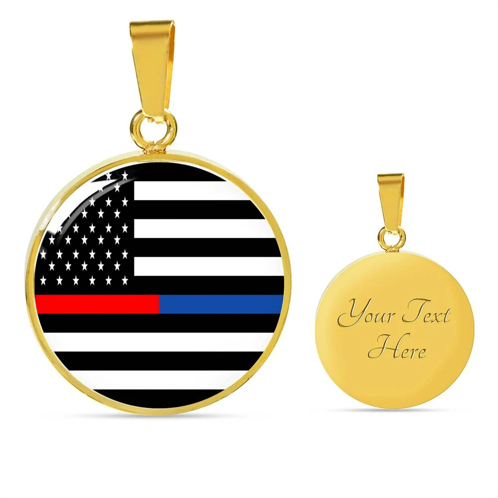Political Thin Blue Red Line Personalized Engraved Gold Circle Necklace Custom